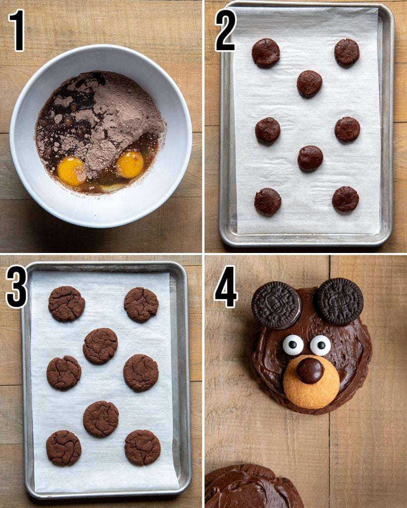 A collage of 4 photos showing how to make bear decorated cookies with a cake mix.