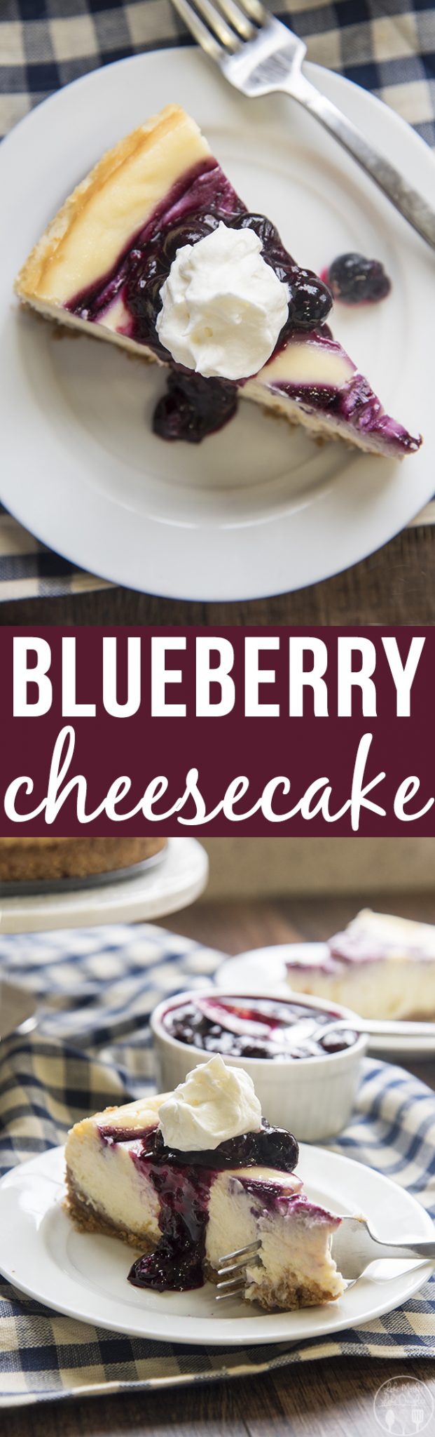 Blueberry cheesecake on a plate with a Blueberry Cheesecake text overlay.