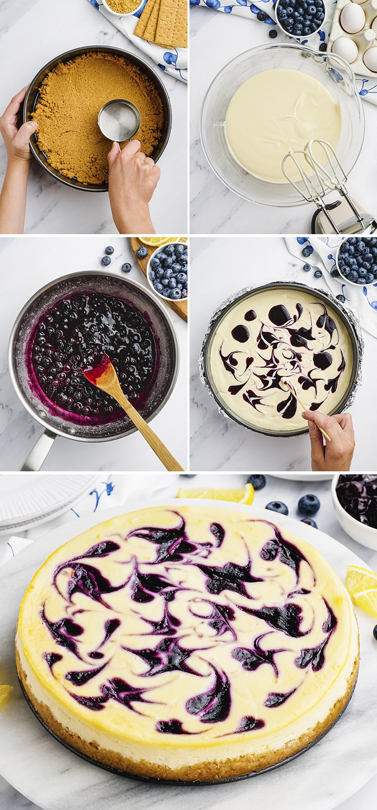 A collage of step by step images showing how to make blueberry cheesecake.
