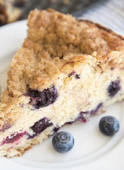 Angled image of blueberry coffee cake on a white plate.