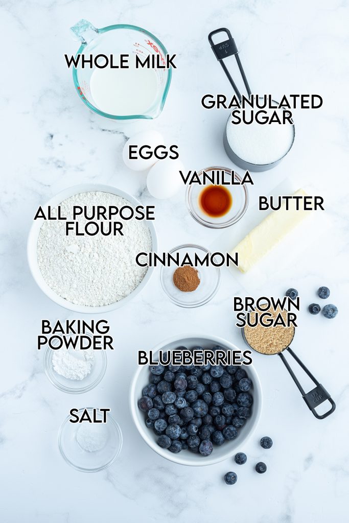 An overhead photo of the ingredients needed to make blueberry coffee cake.