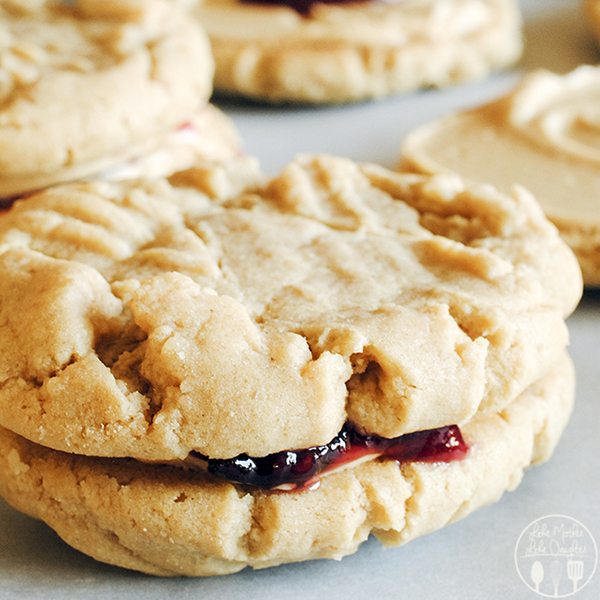 Close up image of peanut butter and jelly cookies.