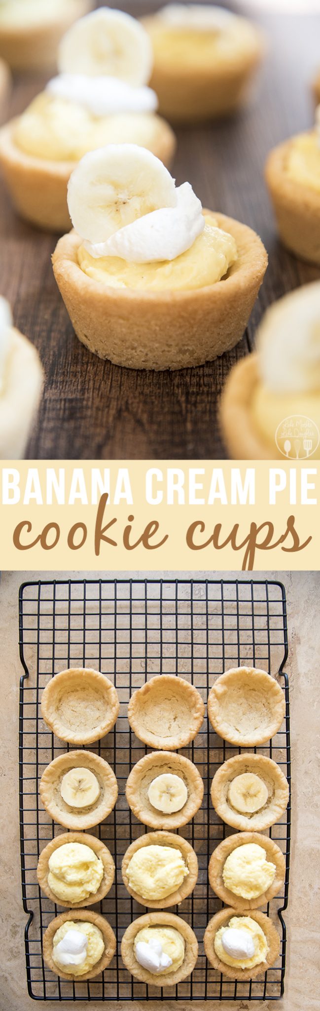 Title card for banana cream pie cookie cups.