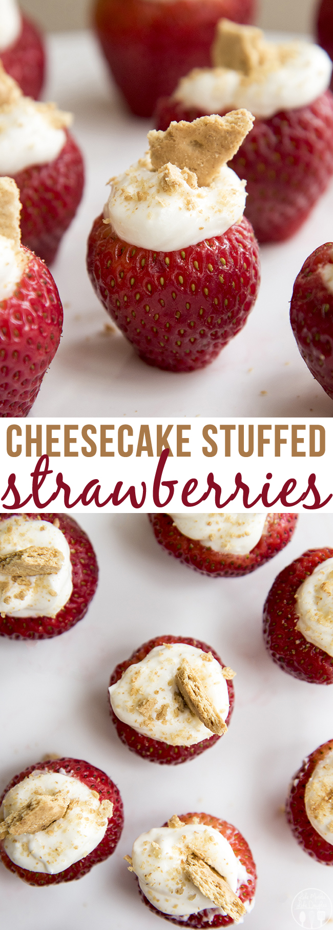 Title card for cheesecake stuffed strawberries.
