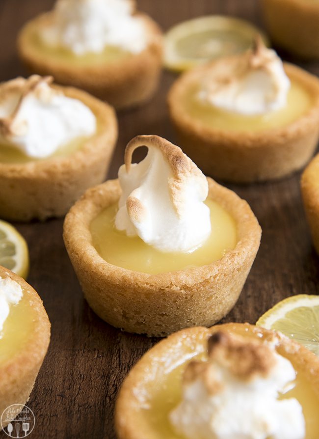 Mini lemon meringue pies with cookie crusts.