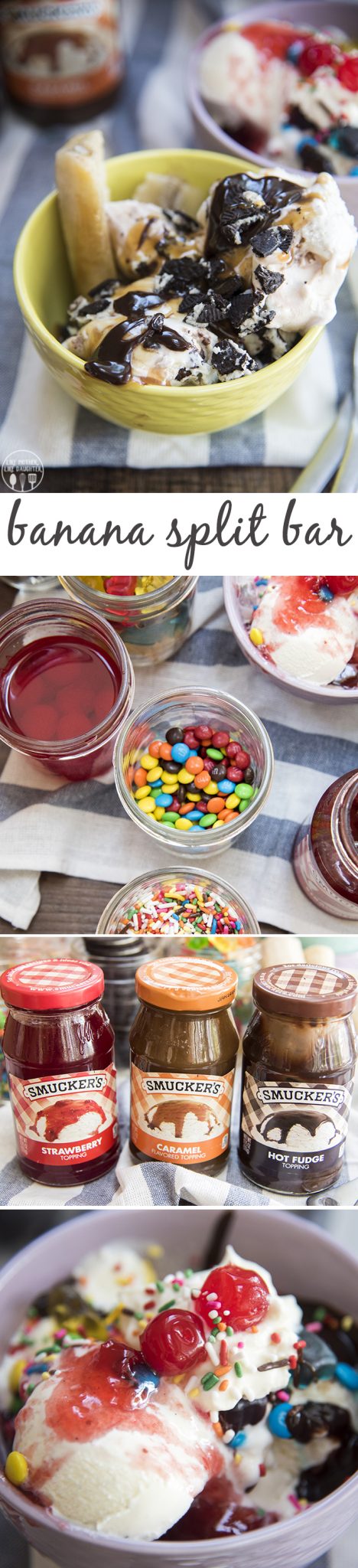 Above collage image of toppings for banana split bars.