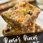 A stack of Reese's Pieces Magic Bars with a text block over the top for pinterest.