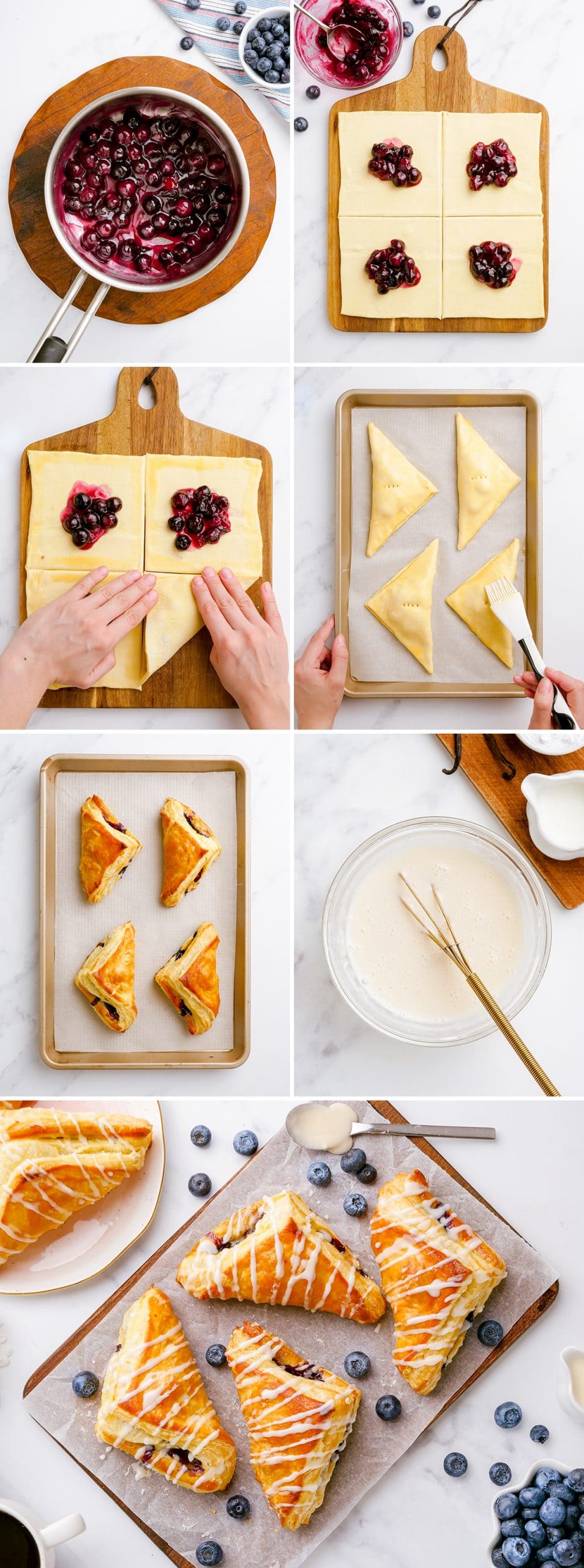 A collage of step by step photos showing how to make blueberry turnovers.