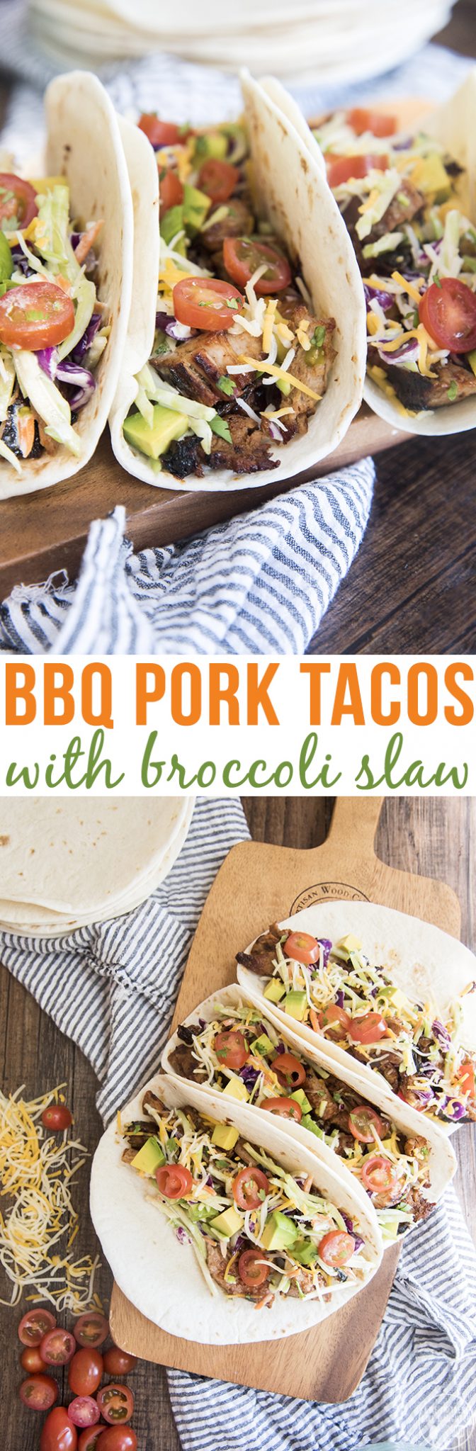 Title card for bbq pork tacos with broccoli slaw.
