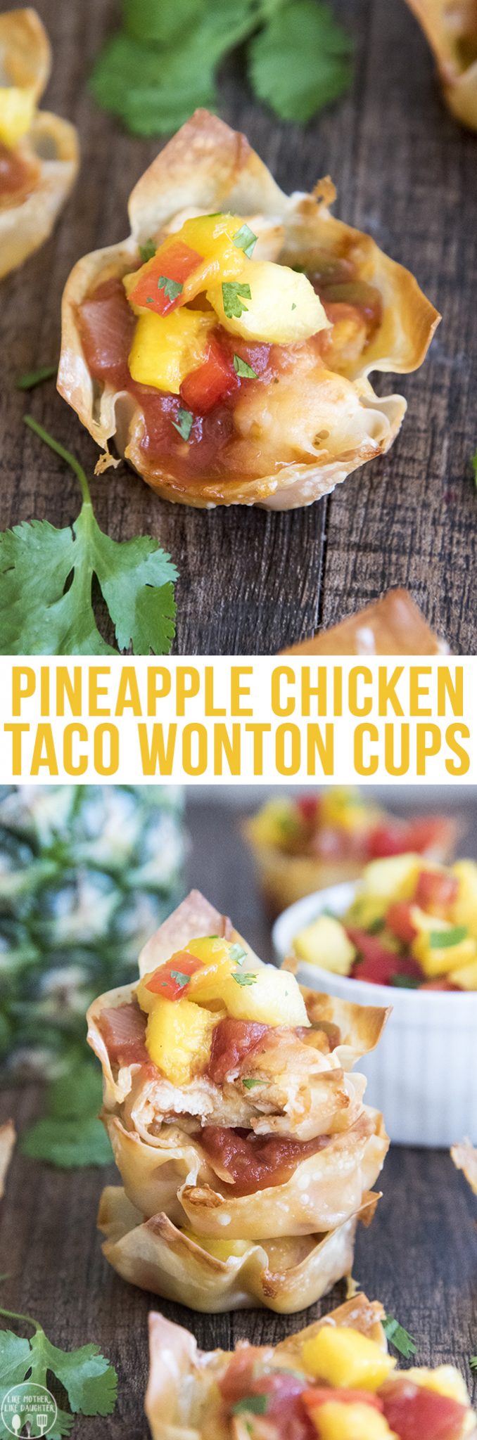 Title card for pineapple chicken taco wonton cups.
