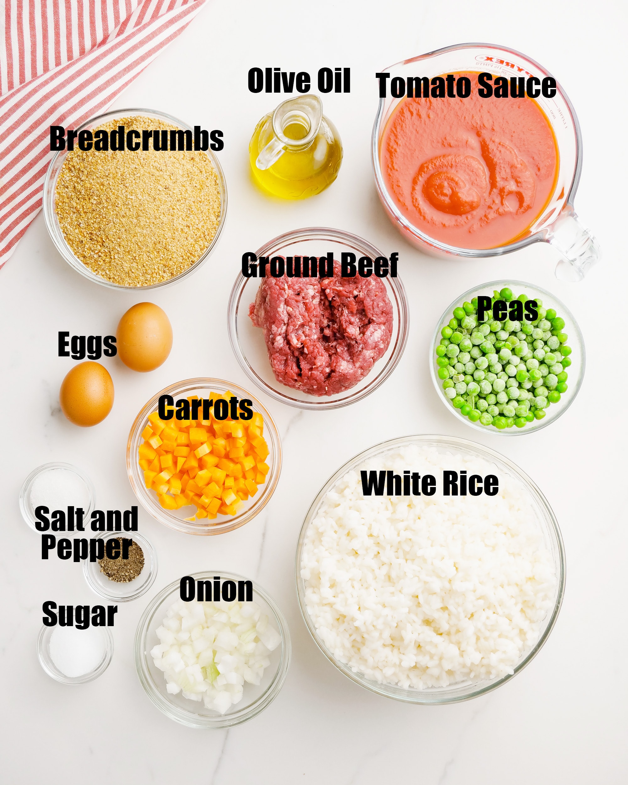 The ingredients needed to make arancini rice balls.