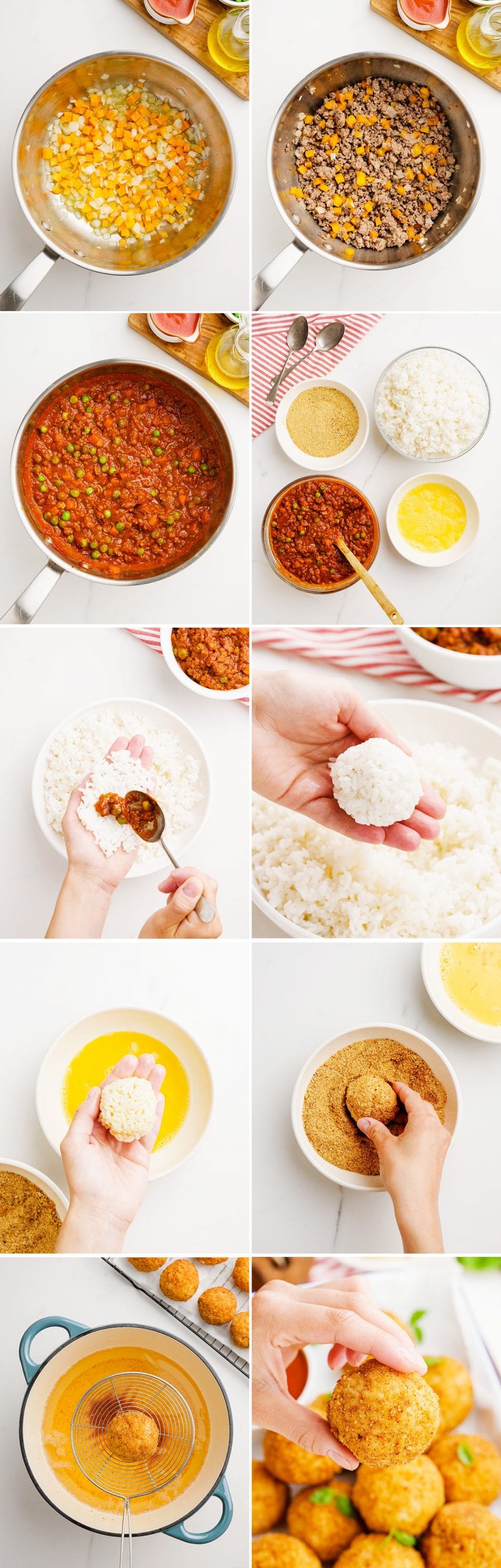 A collage of 10 step by step photos showing how to make arancini.