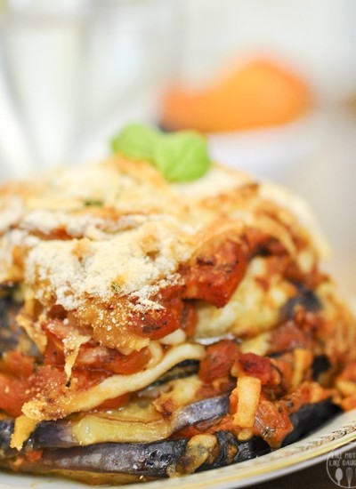 Close up image showing the layers of eggplant parmigiana.