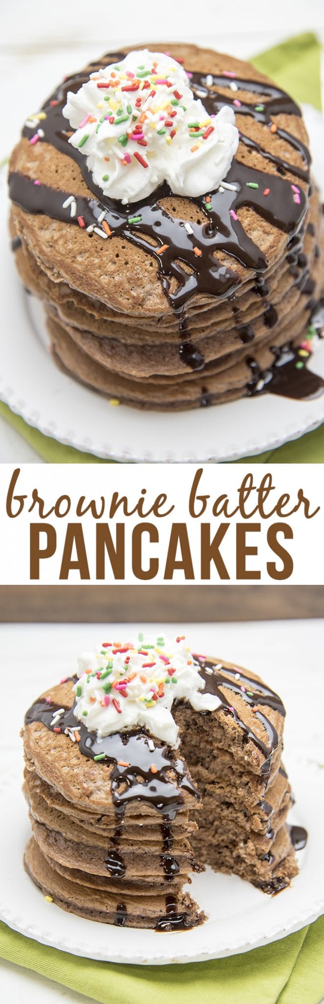 A title card with brownie batter pancakes text.