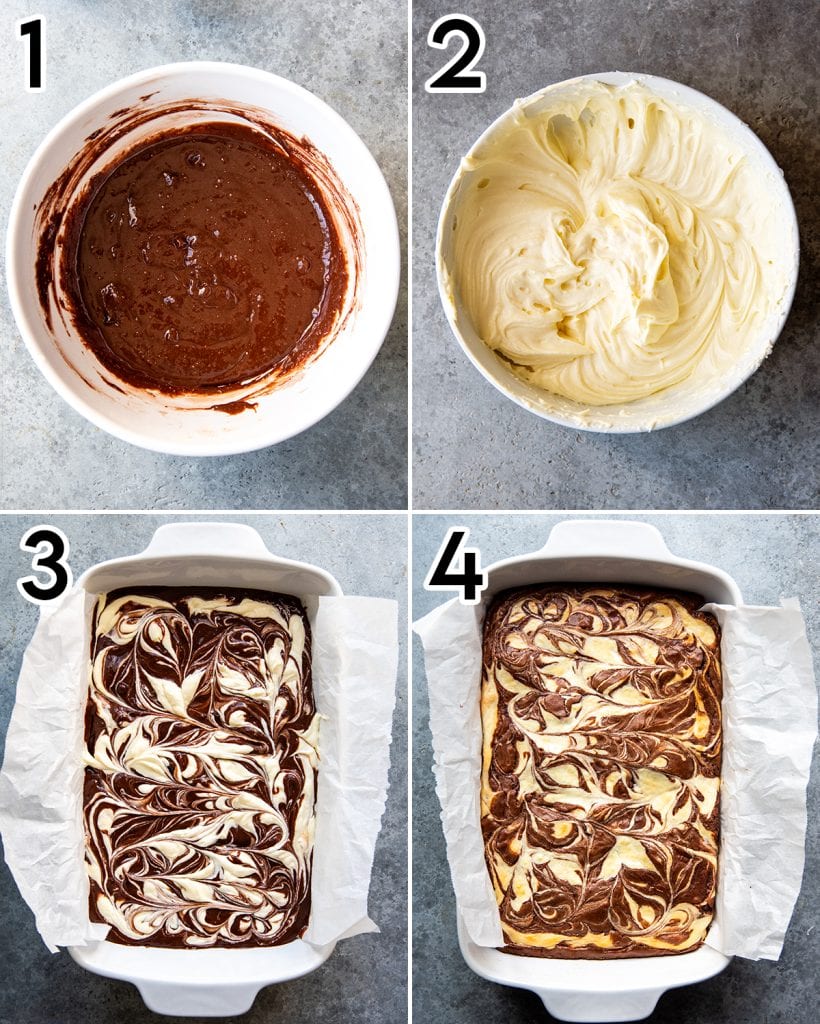 A collage of 4 photos showing how to make cream cheese swirled brownies. 