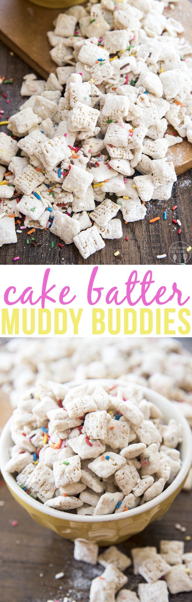 Cake Batter Muddy Buddies - These muddy buddies are an addicting snack that tastes just like cake batter!
