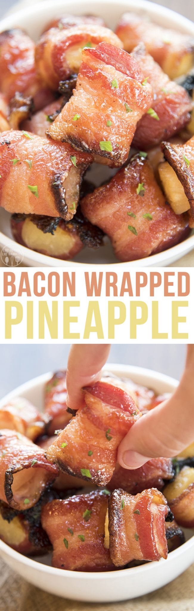 These sweet bacon wrapped pineapple bites are baked to crispy sweet perfection. They're a perfect game day appetizer!