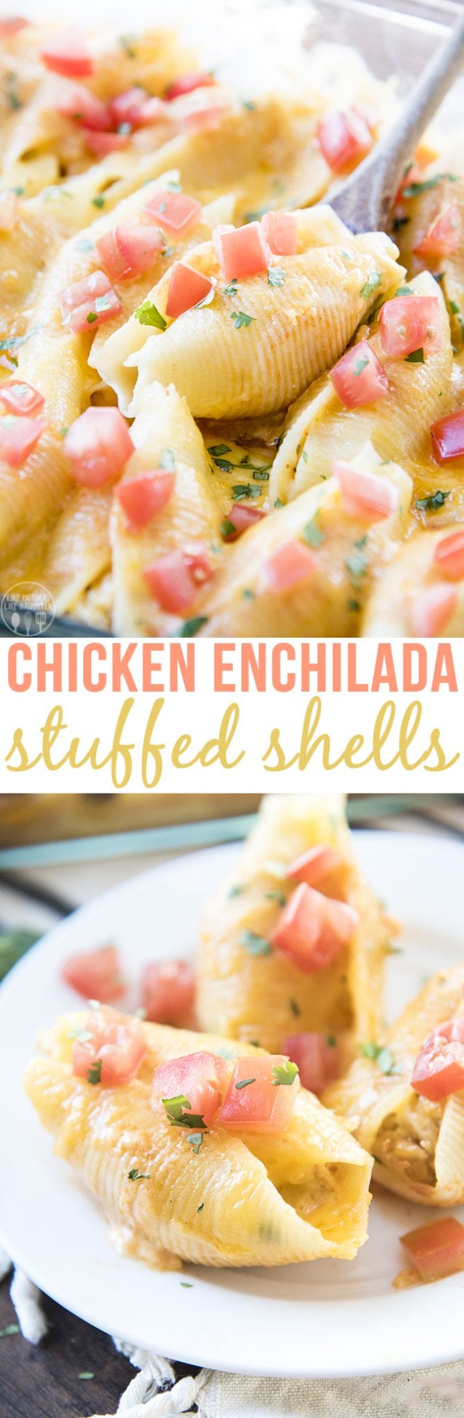 A collage of two photos of chicken enchilada stuffed shells with a text block between them.