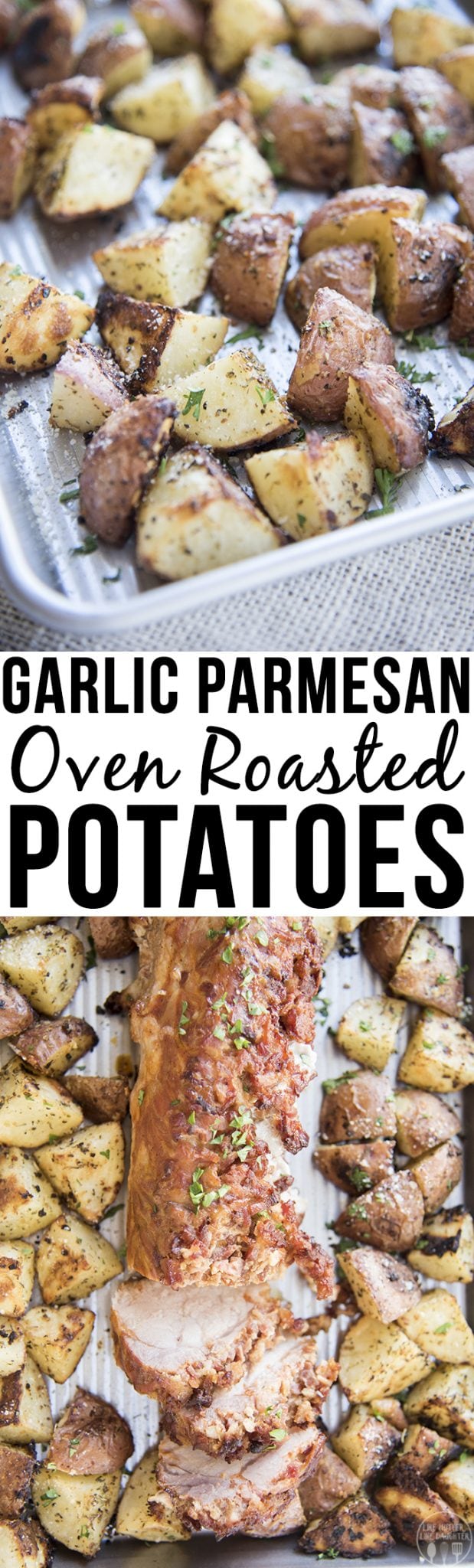 Title card for garlic parmesan oven roasted potatoes.