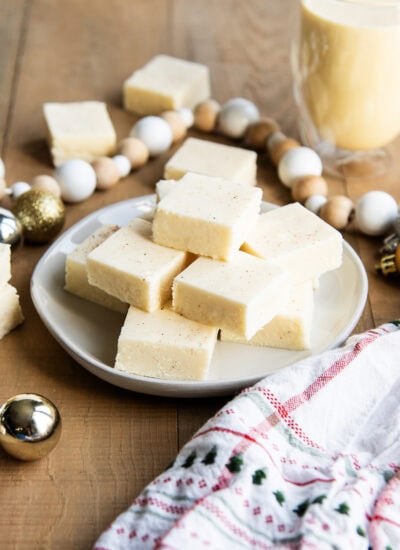 A plate of eggnog fudge pieces.