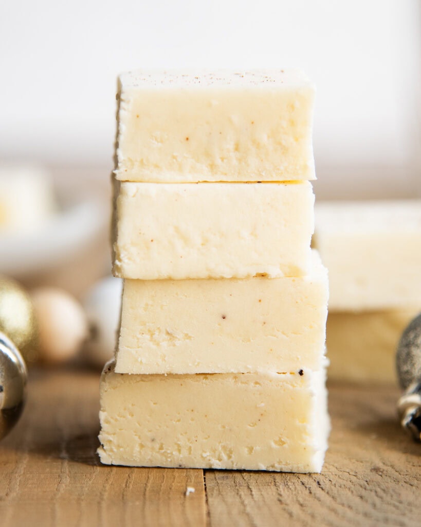 A stack of eggnog fudge pieces.