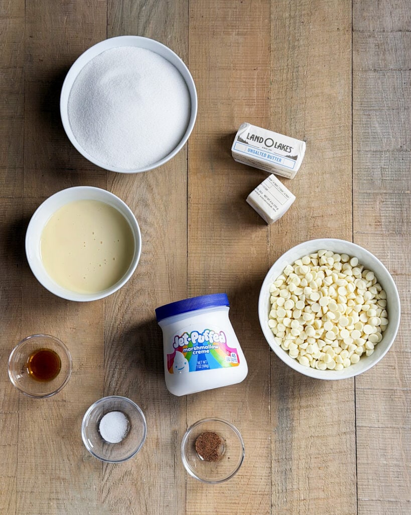 The ingredients needed to make eggnog fudge.