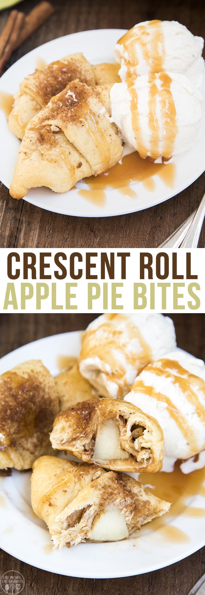 Crescent roll apple pie bite title display with the relevant food in the background out of focus.