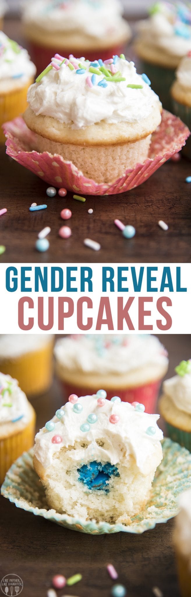 Gender reveal cupcakes header text displayed.