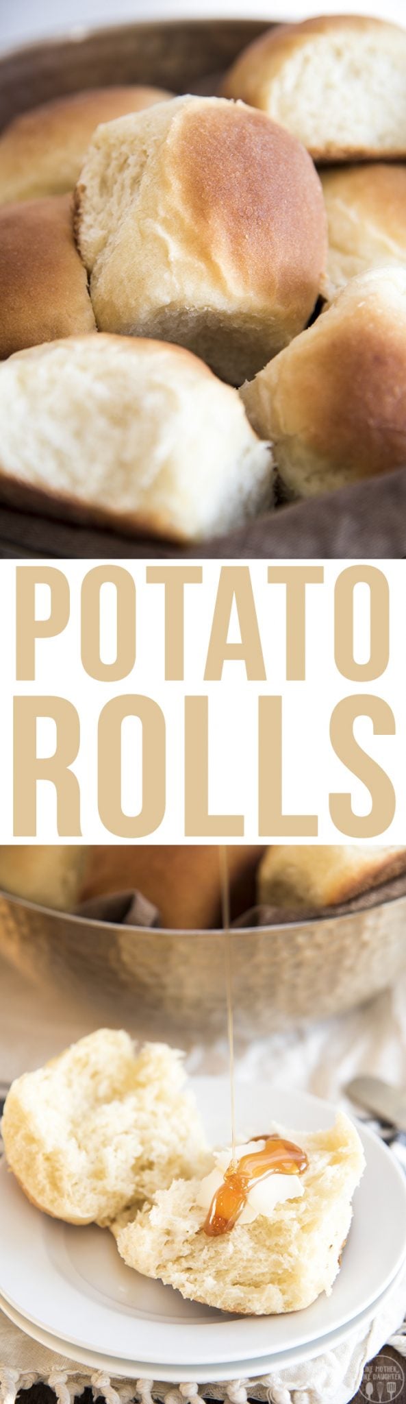 A collage of two photos of potato rolls with a text block between them.