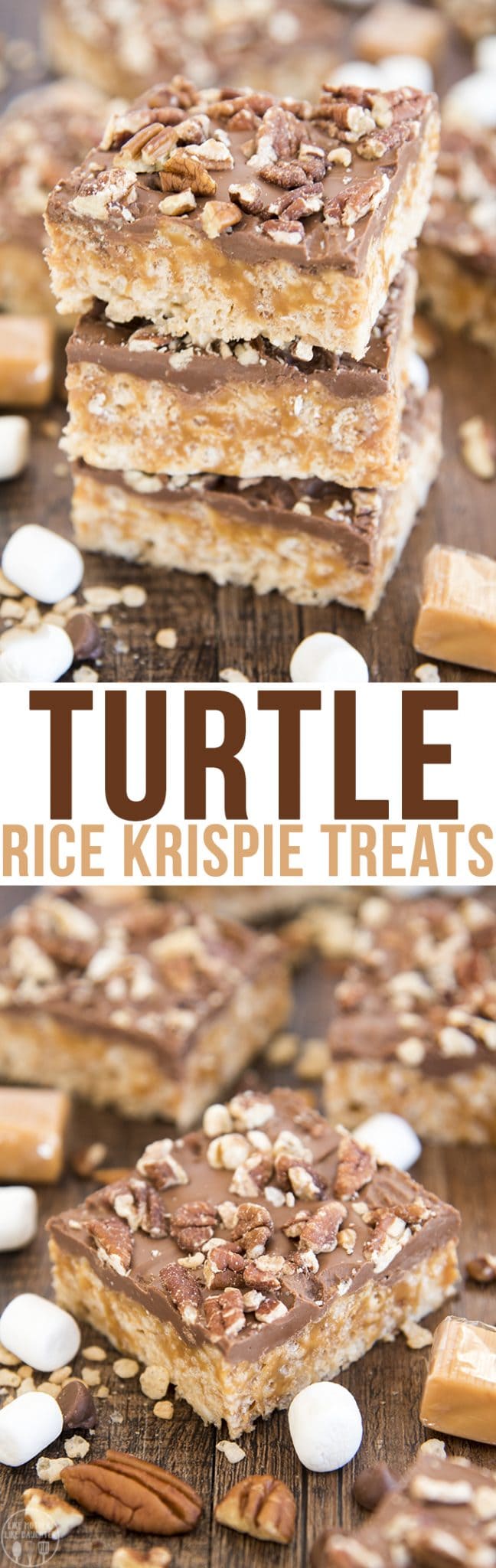 A collage of two photos of turtle rice krispie treats with a text block between them.