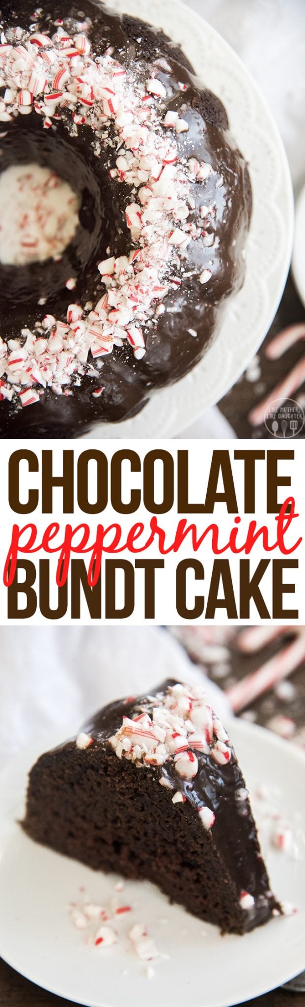 A collage of two photos of chocolate peppermint bundt cake with a text block between them.