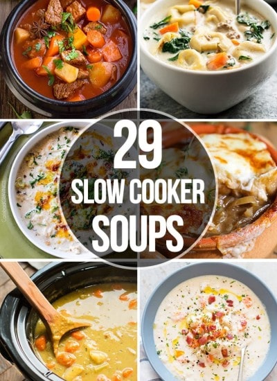 A collage of soup recipe photos made in the slow cooker with a text overlay.