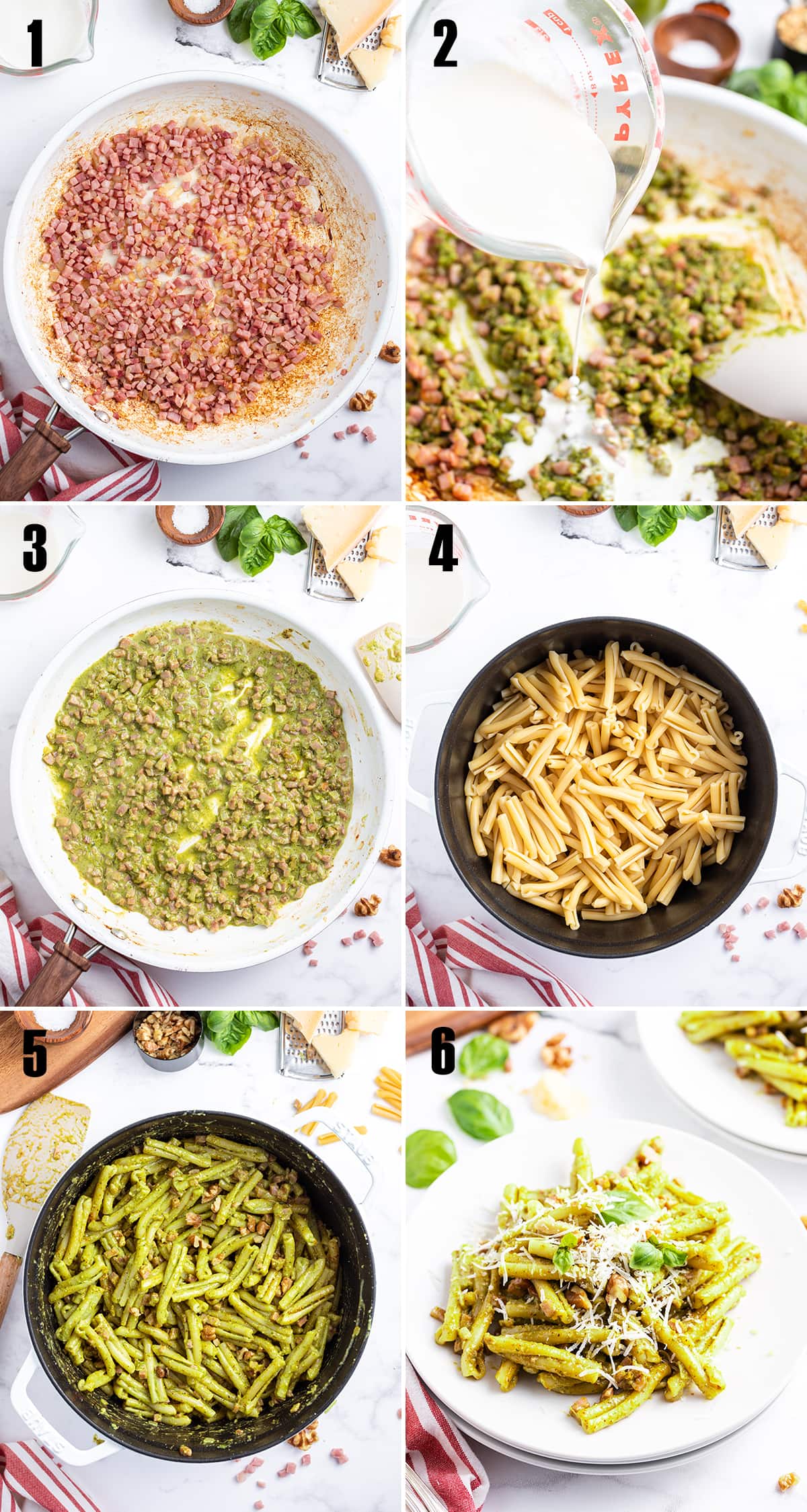 A collage of 6 step by step photos showing how to make Casarecce Pasta. 