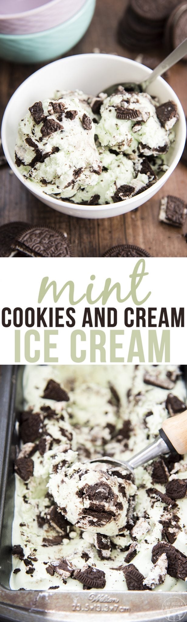A collage of two photos of Mint Cookies and Cream Ice Cream with a text block between them. 