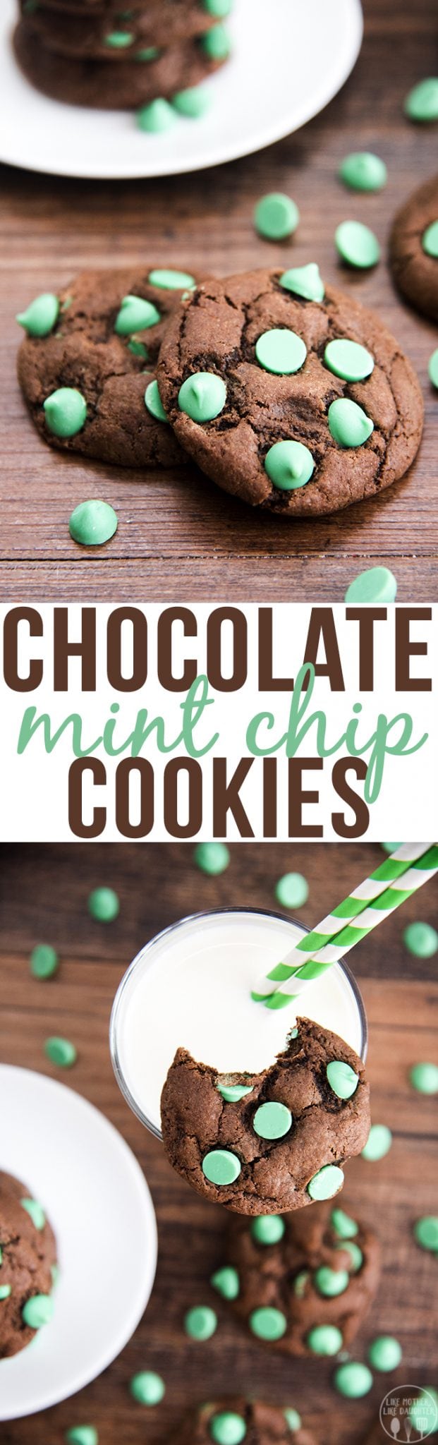 A collage of two chocolate mint chip cookies with a text block between them.