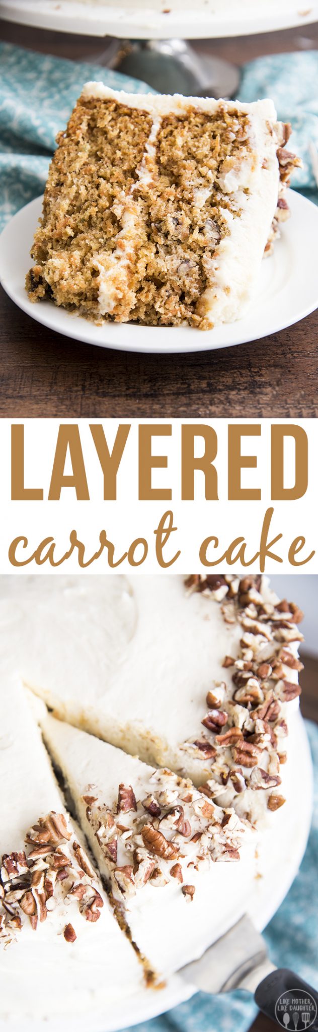 A collage of two photos of carrot cake with a text block between them. 