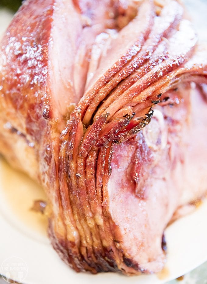 A shiny sliced ham on a plate.