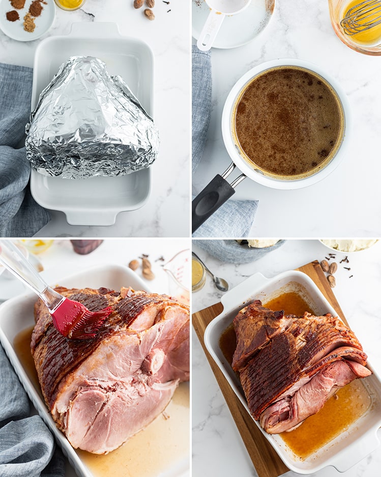 A collage of 4 photos showing how to make a maple brown sugar glazed ham.