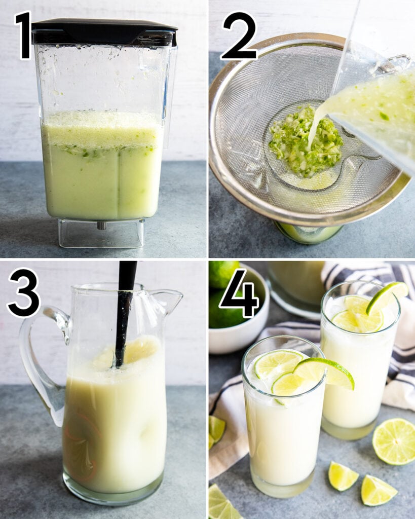 A collage of 4 photos showing how to make Brazilian Lemonade. 