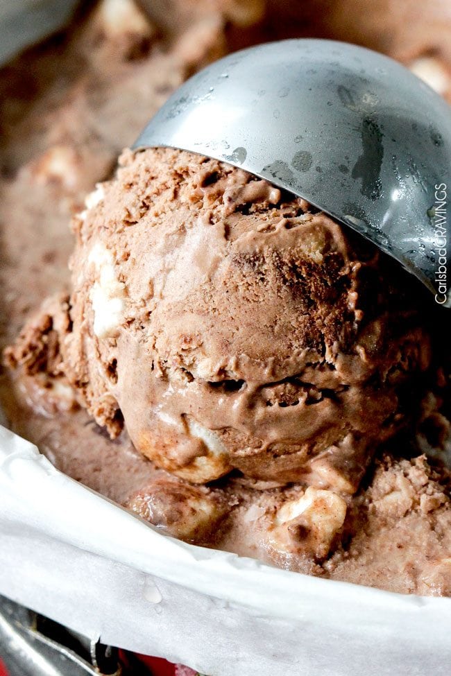 A close up of a scoop of no churn rocky road ice cream. 