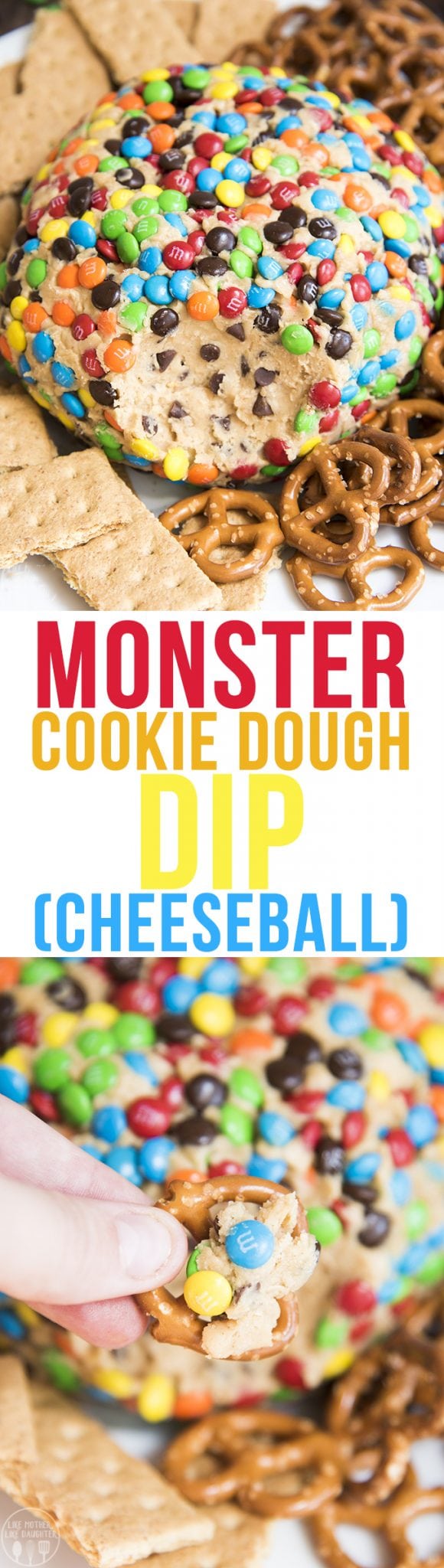 A collage of two photos of a monster cookie dough cheeseball with a text block between them. 