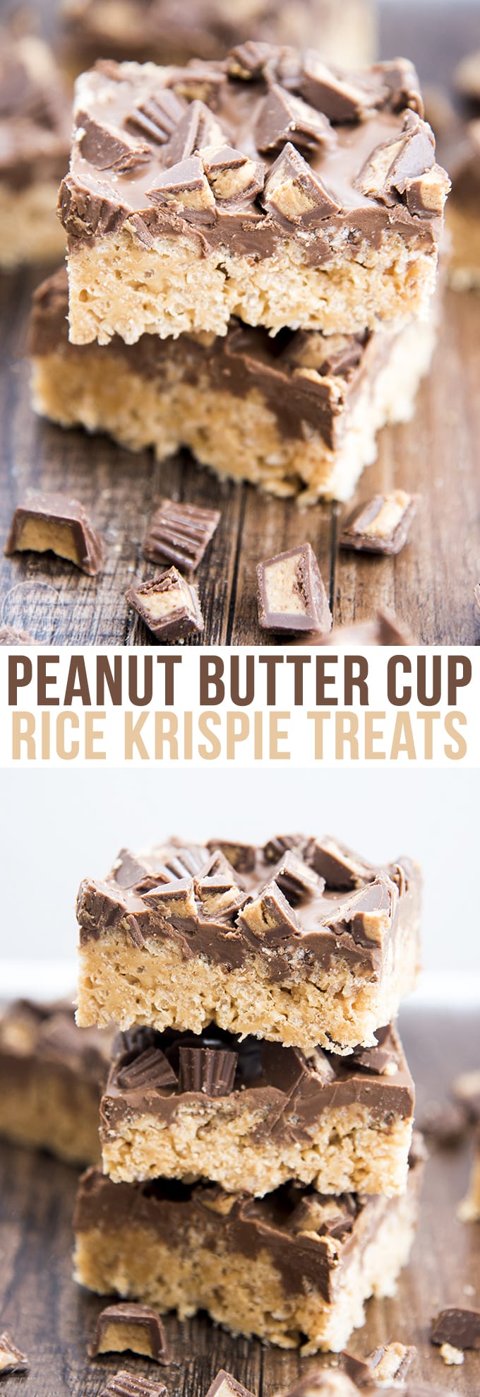 A collage of two photos of peanut butter rice krispie treats with a text block between them. 
