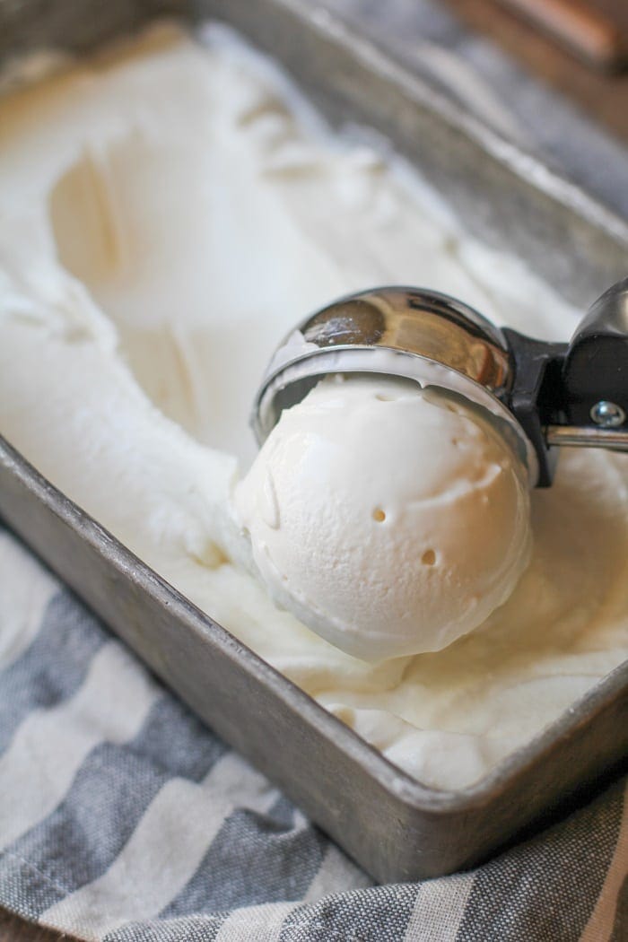 A scoop of vanilla ice cream. 
