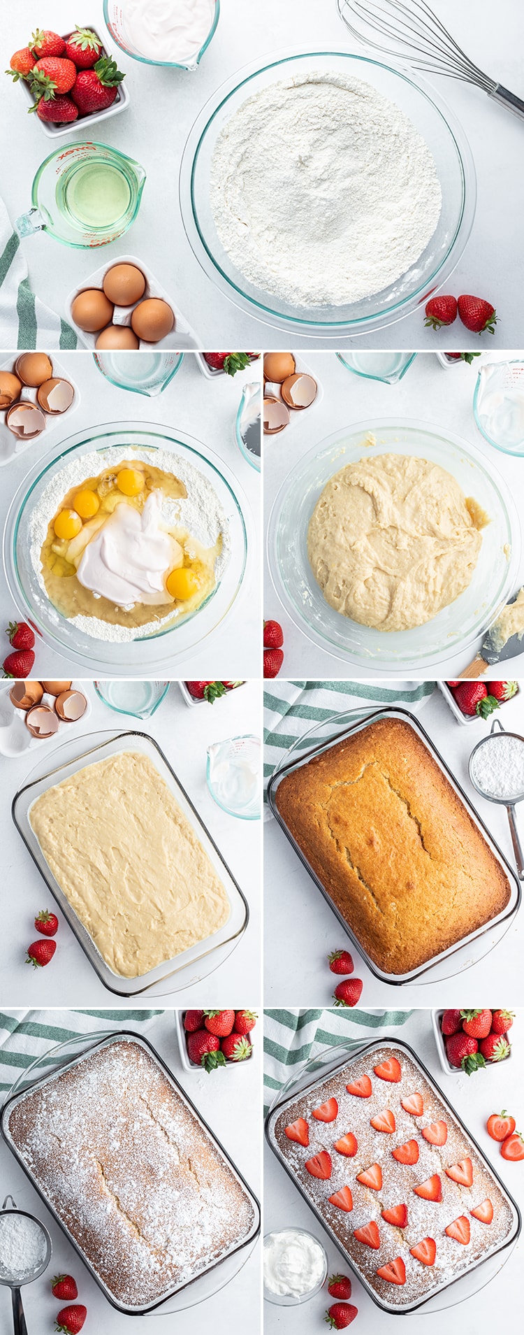 A collage of images that show the steps to create strawberry yogurt cake.