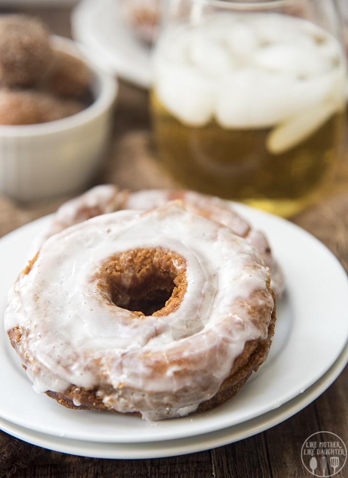 Two old fashioned style donuts on a plate with white glaze on them. 