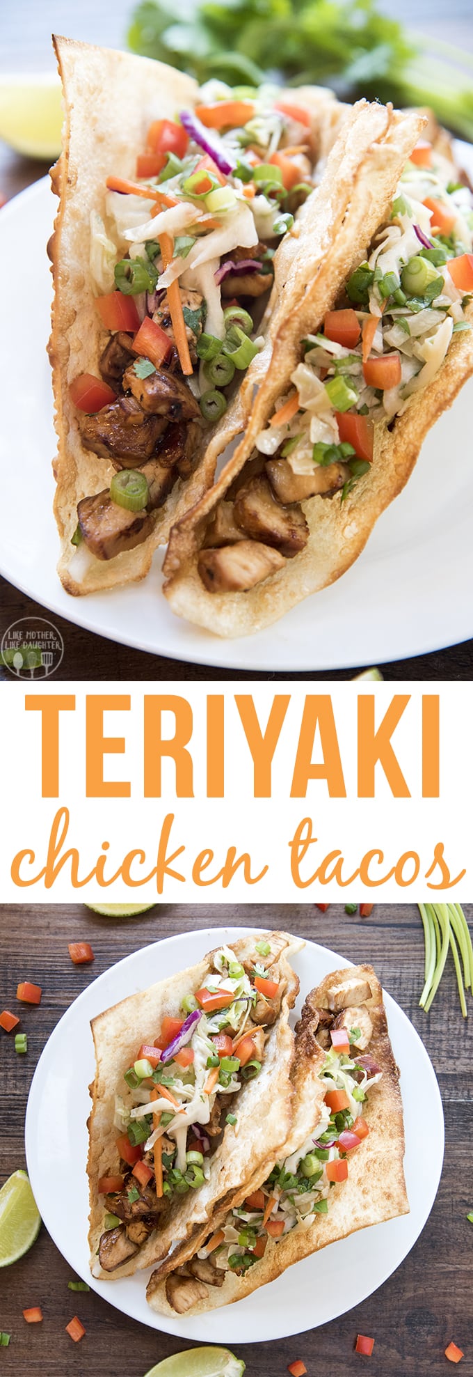 A collage of two photos of teriyaki chicken tacos with a text block between them. 