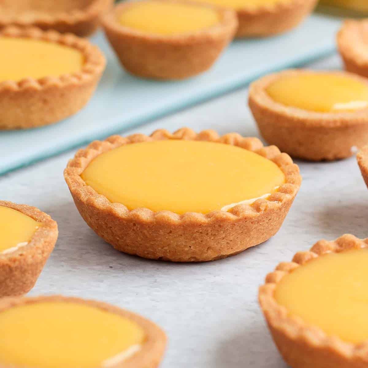 Lemon curd tartlets in rows on a table top.