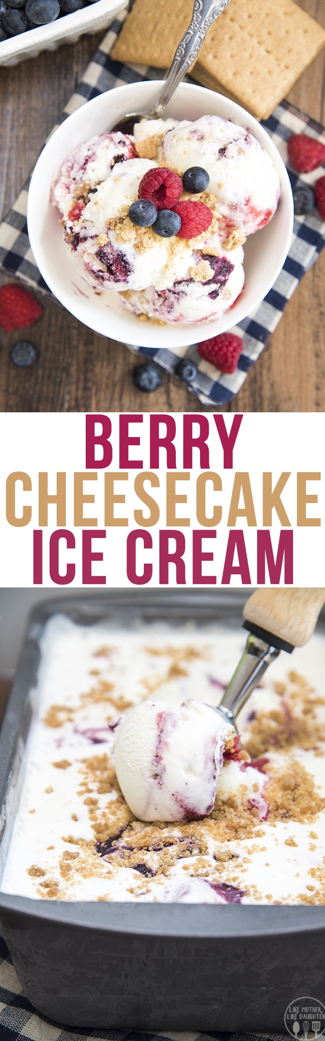 A collage of two photos of berry cheesecake ice cream with a text block between them. 