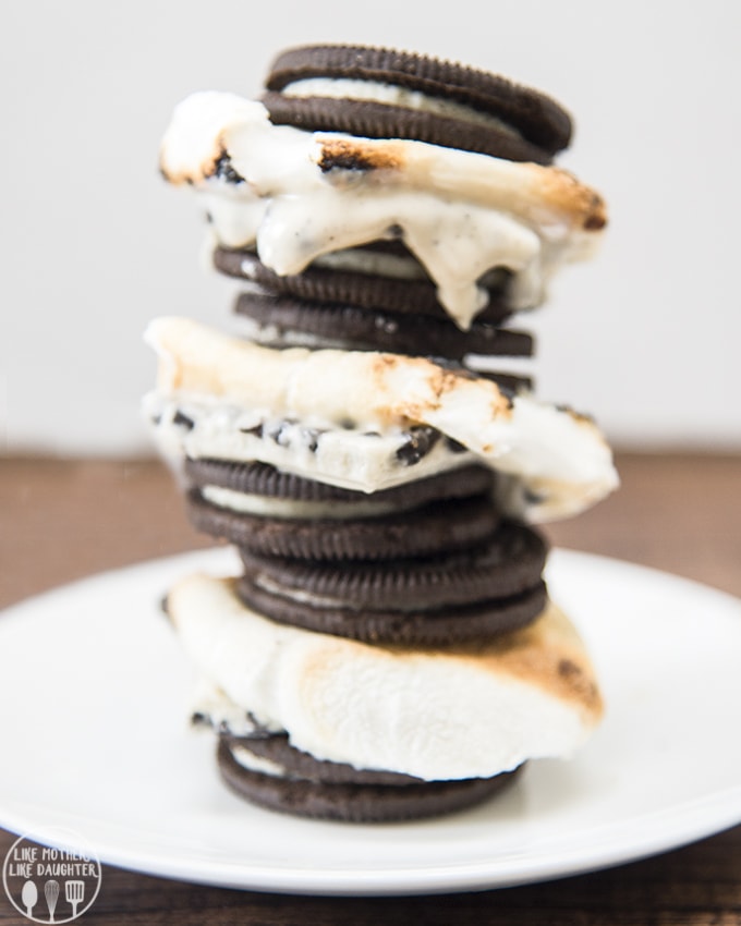 A stack of s\'mores made with Oreos, marshmallows, and cookies and cream chocolate. 