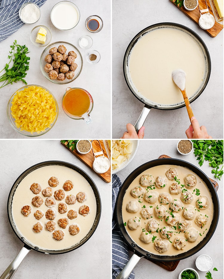 A collage of step by step images showing how to make swedish meatballs.